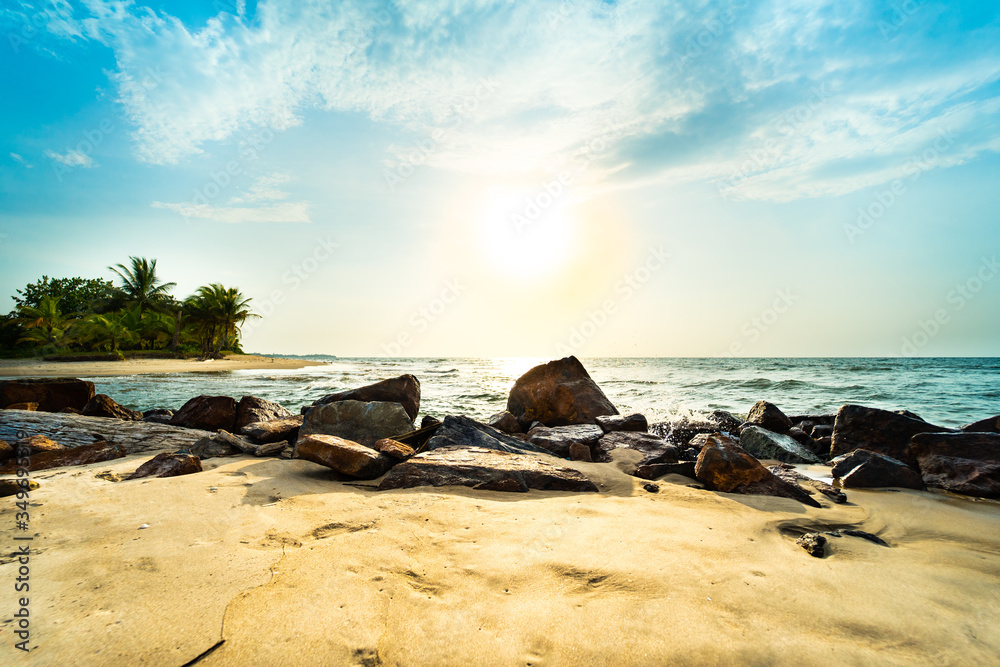 Sunset on empty beach. Wild beach in Africa near sunset (Beach Guinea Ecuatorial)