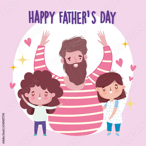 happy fathers day, celebrating dad with son and daughter hearts cartoon