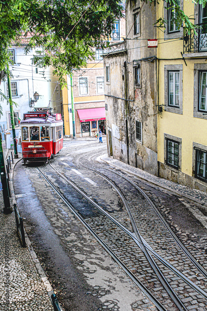 Red cable car in Lisbon Portugal