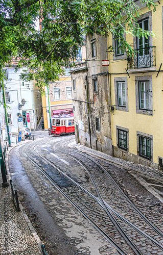 Red cable car in Lisbon Portugal