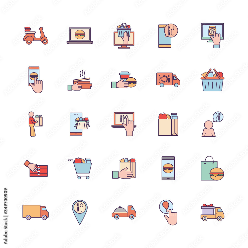 Food delivery line and fill style icon set vector design Food delivery line and fill style icon set vector design