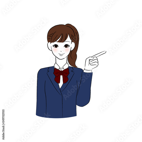 笑顔で指をさす女子学生