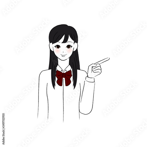 笑顔で指をさす女子学生