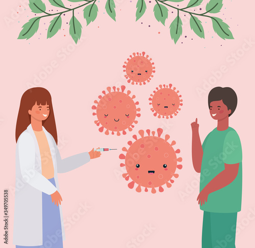 female and male doctors and covid 19 virus kawaii cartoons vector design