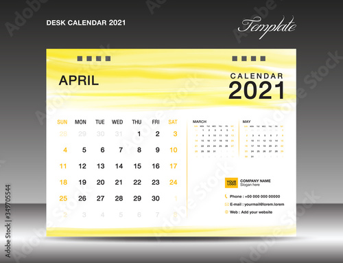 Calendar 2021 template design. Desk calender 2021. April template. week starts on sunday. planner. simple. business printing. advertiement. yellow watercolor background photo