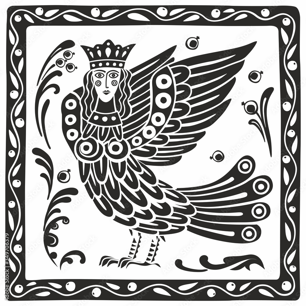 Fototapeta premium Black and white illustration of a mythological bird girl Sirin. Stylization of a medieval book miniature
