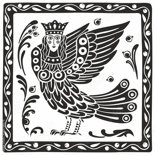 Black and white illustration of a mythological bird girl Sirin. Stylization of a medieval book miniature