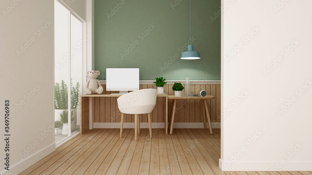 Study room and green wall decorate in home or apartment - Workplace presentation for work from home - 3D Rendering Study room and green wall decorate in home or apartment - Workplace presentation for work from home - 3D Rendering