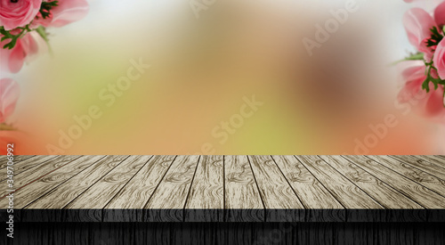 Product Display background with wooden table. Flower blur effect illustration.