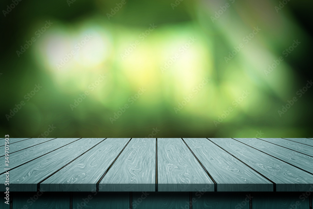 Fototapeta premium Product Display background with wooden table. Green blur effect illustration.