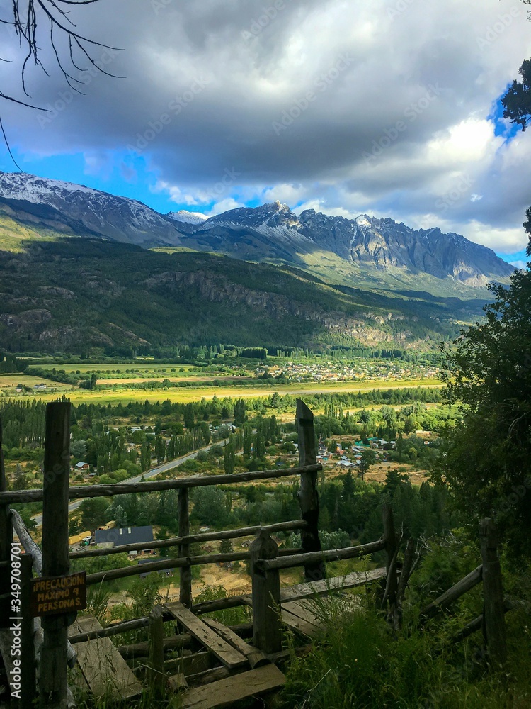 mountain landscape with wooden fence mountain landscape with wooden fence