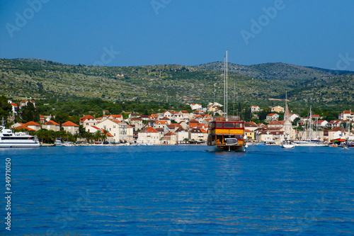 Town of Milna waterfront and marina view from the sea, Island of Brac, Dalmatia, Croatia