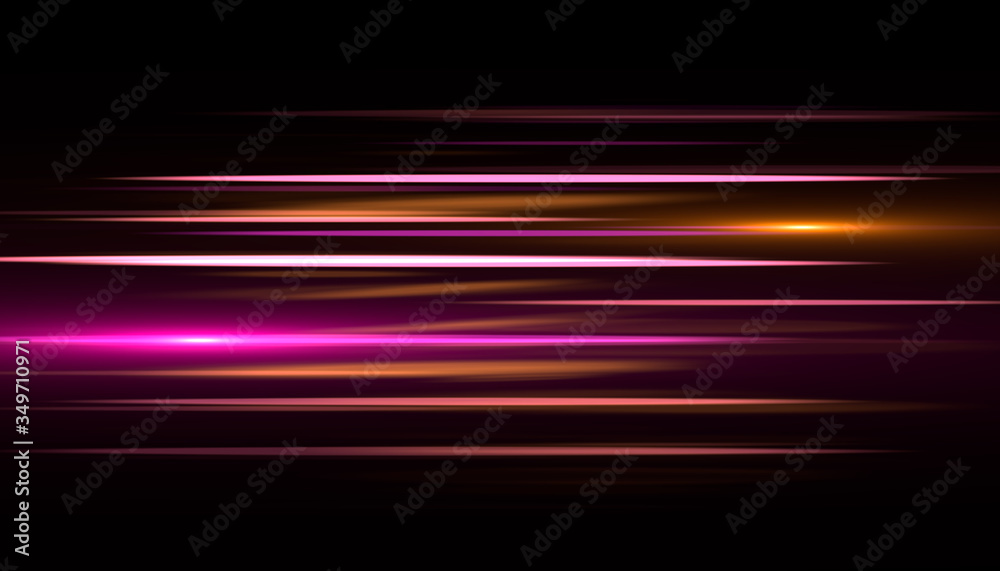 Light and stripes moving fast over dark background.design of the light effect. Vector blur in the light of radiance. Element of decor. Horizontal rays of light. Light and stripes moving fast over dark background.design of the light effect. Vector blur in the light of radiance. Element of decor. Horizontal rays of light.
