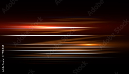 Light and stripes moving fast over dark background.design of the light effect. Vector blur in the light of radiance. Element of decor. Horizontal rays of light. photo