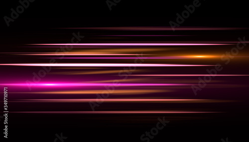 Light and stripes moving fast over dark background.design of the light effect. Vector blur in the light of radiance. Element of decor. Horizontal rays of light.