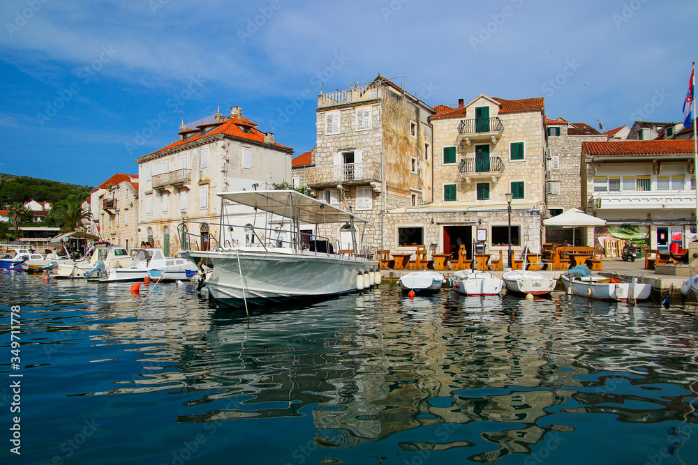 Fototapeta premium Town of Milna waterfront and marina view, Island of Brac, Dalmatia, Croatia