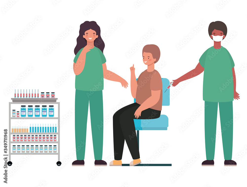 male and female doctors vaccinating man vector design