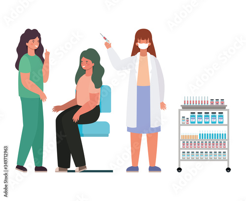 female doctors vaccinating woman vector design