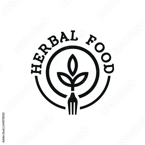 Restaurant food logo design with fork and leaf for nature of food