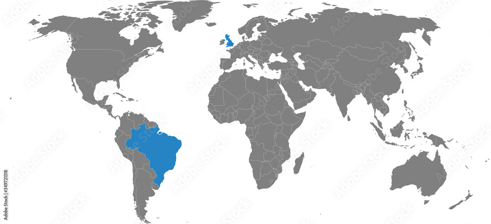 United kingdom, brazil countries isolated on world map. Light gray background. Business concepts, diplomatic, trade and transport relations.