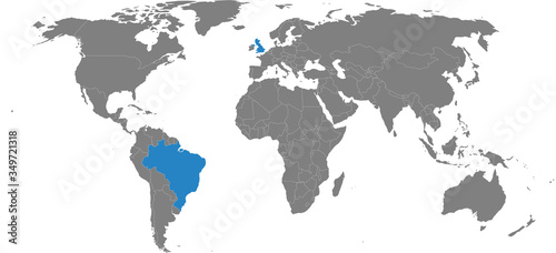 United kingdom, brazil countries isolated on world map. Light gray background. Business concepts, diplomatic, trade and transport relations.
