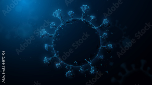 Abstract 3D wireframe of Coronavirus from lines, triangles, particle, low poly and wireframe design. Vector illustration