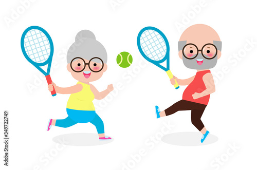 Vector Illustration Of Happy cute senior couple playing tennis outdoors isolated on white background Elderly people with sports equipment