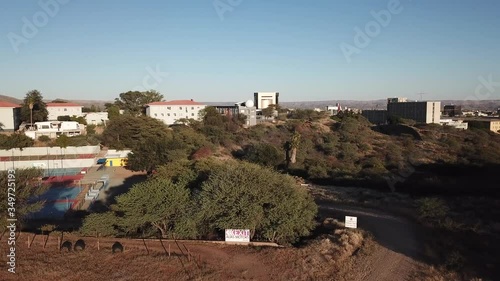 4K aerial drone video Windhoek meteorological service viewpoint, Windhoek high school sport grounds in city center in Namibia's capital in Namibia
