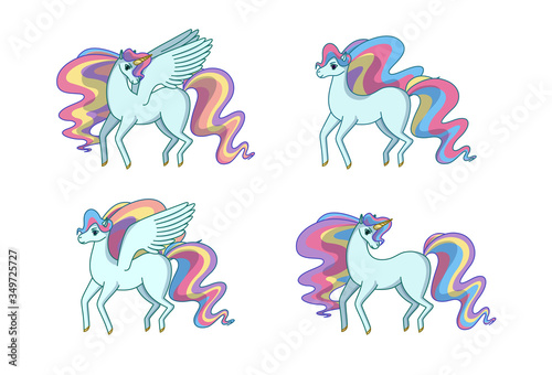 Set of alicorn  unicorn  pegasus and horse with waving rainbow mane and tail. Vector illustration in cartoon style