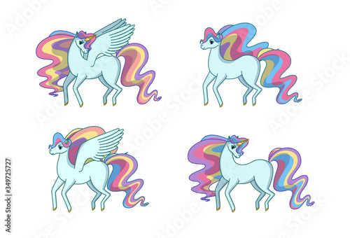 Set of alicorn, unicorn, pegasus and horse with waving rainbow mane and tail. Vector illustration in cartoon style