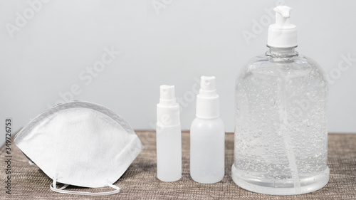 Covid-19 prevention medical surgical masks and hand sanitizer gel for hand hygiene corona virus protection.