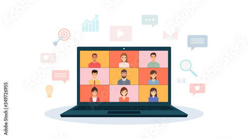 Group of office people video calling by laptop working at home during corona virus pandemic quarantine in flat icon design