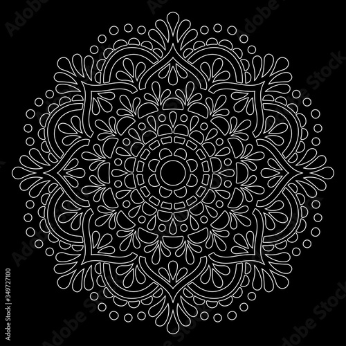 White outline mandala on a black doodles sketch