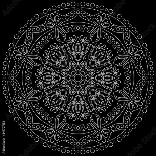 White outline mandala on a black doodles sketch