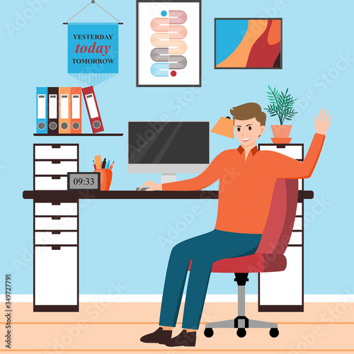 A man is sitting on the chair with work desk at home. vector illustration