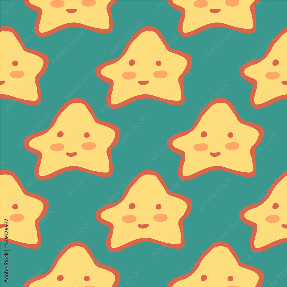 Cute abstract stars seamless pattern on green background. Character star shapes elements wallpaper.
