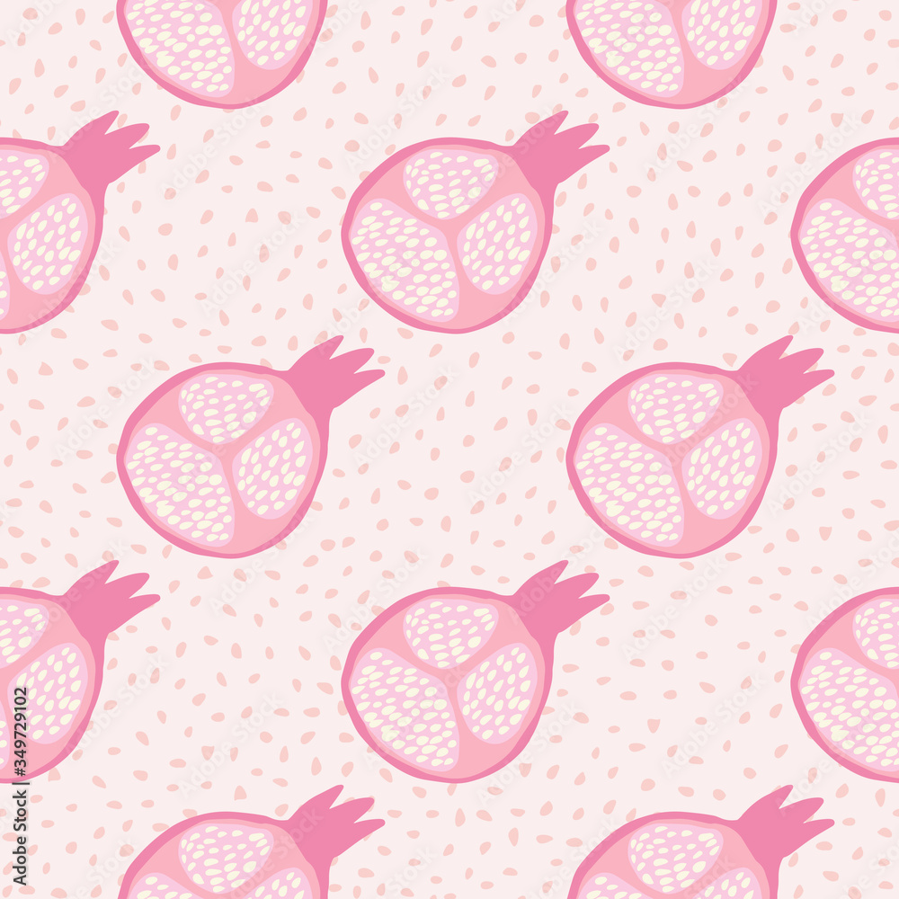 Abstract pomegranate fruit seamless pattern. Geometric pink pomegranates wallpaper in doodle style on dots background. Abstract pomegranate fruit seamless pattern. Geometric pink pomegranates wallpaper in doodle style on dots background.