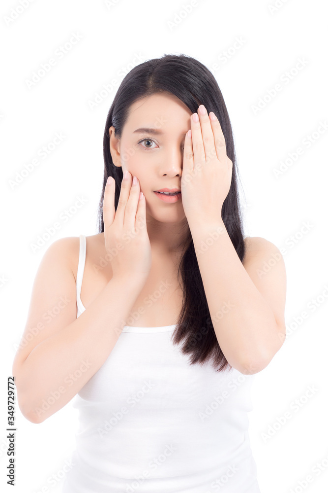 Portrait of beautiful woman makeup of cosmetic, girl hand close eye and smile attractive, face of beauty perfect with wellness isolated on white background with skin healthcare concept. Portrait of beautiful woman makeup of cosmetic, girl hand close eye and smile attractive, face of beauty perfect with wellness isolated on white background with skin healthcare concept.