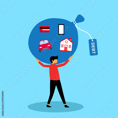 A man carry debt of house, car, smartphone and credit card. Financial crisis concept vector illustration. He has too much burden.