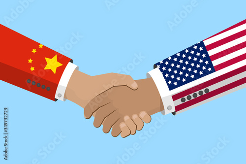USA and China relations concept. handshake symbol with flags on sleeves. Stock vector illustration in flat design.
