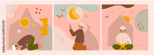 Set of three boys to pray. Young man. Islamic theme. the concept of Muslim prayer and read holy koran. Hand drawn isolated trendy illustrations with an abstract background