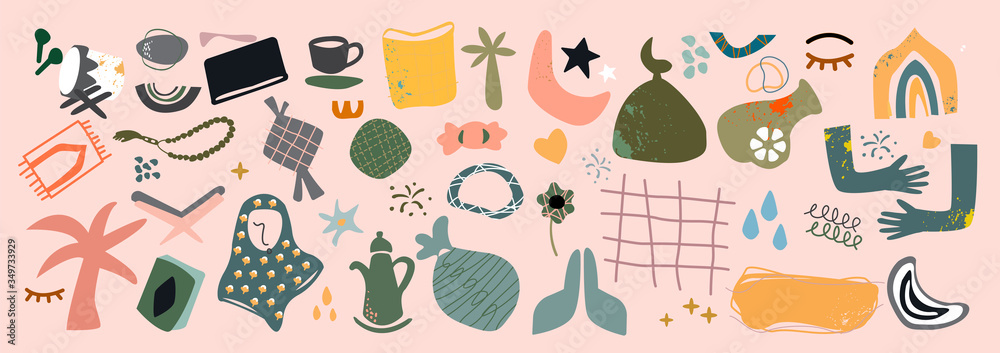 Big set of hand drawn various shapes and doodle objects. islamic themes. Abstract contemporary modern trendy vector illustration. All elements are isolated
Big set of hand drawn various shapes and doodle objects. islamic themes. Abstract contemporary modern trendy vector illustration. All elements are isolated