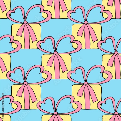Valentines day seamless pattern with hearts and gifts. Beautiful abstract pattern with Valentines day seamless pattern for decorative design. Logo element for wedding illustration. Vintage design. 