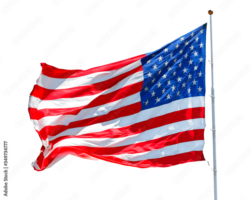 American flag waving in the wind isolated on white background, US flag