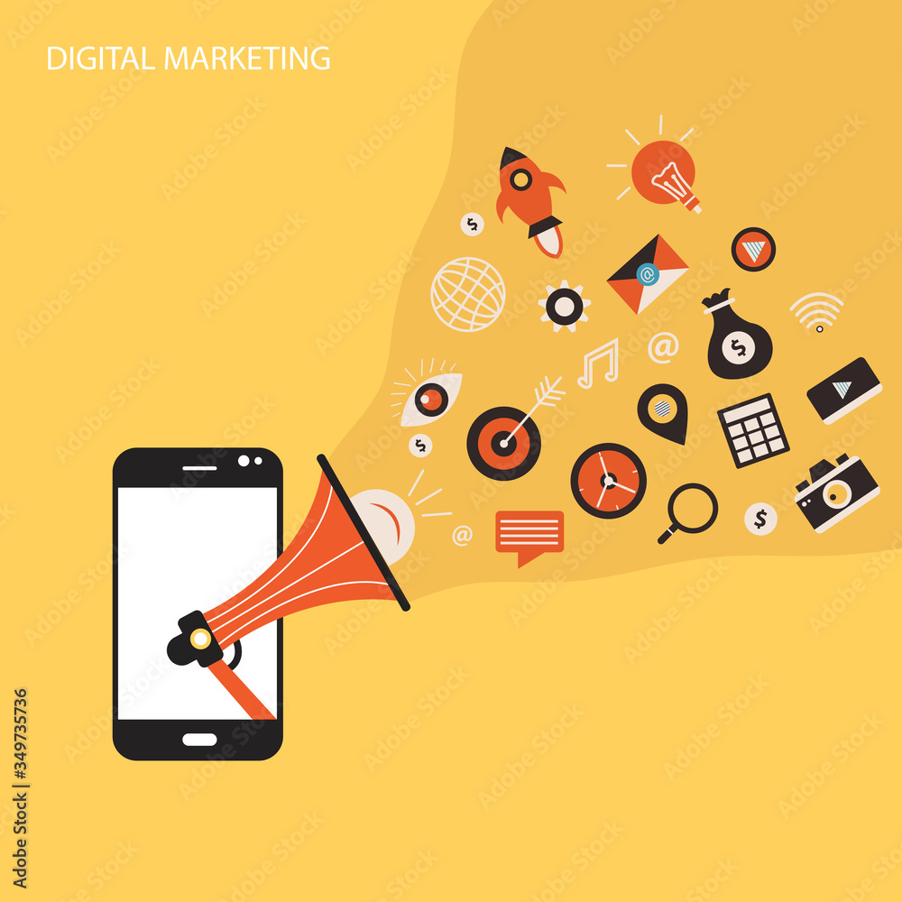 Digital marketing flat illustration. Hand with speaker and icons Digital marketing flat illustration. Hand with speaker and icons