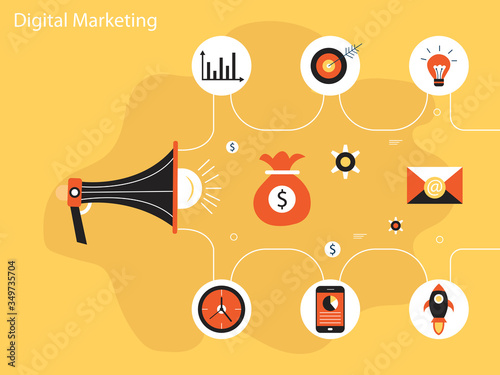 Digital marketing flat illustration. Hand with speaker and icons