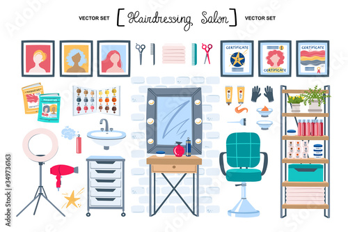 Vector set on the theme of fashion and beauty. Flat cartoon symbols of hairdressing salon. Doodles for use in design