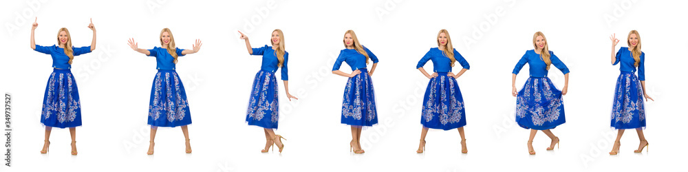 Woman in blue dress with flower prints isolated on white