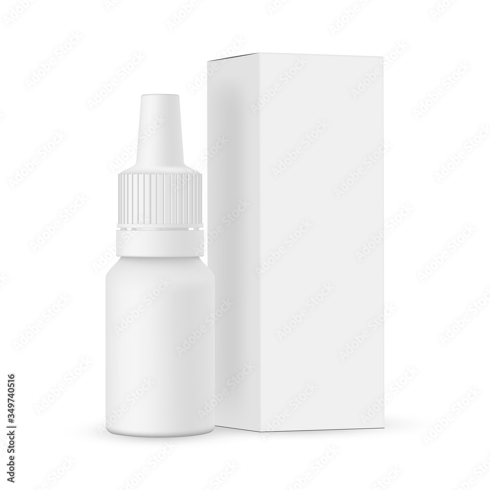 Nasal drops mockup, e-liquid packing bottle with paper box side view, isolated on white background. Vector illustration Nasal drops mockup, e-liquid packing bottle with paper box side view, isolated on white background. Vector illustration