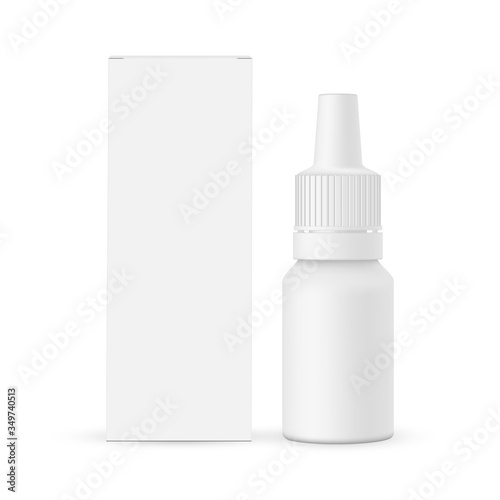 Nasal dropper bottle mockup, e-liquid flavor with paper box front view, isolated on white background. Vector illustration